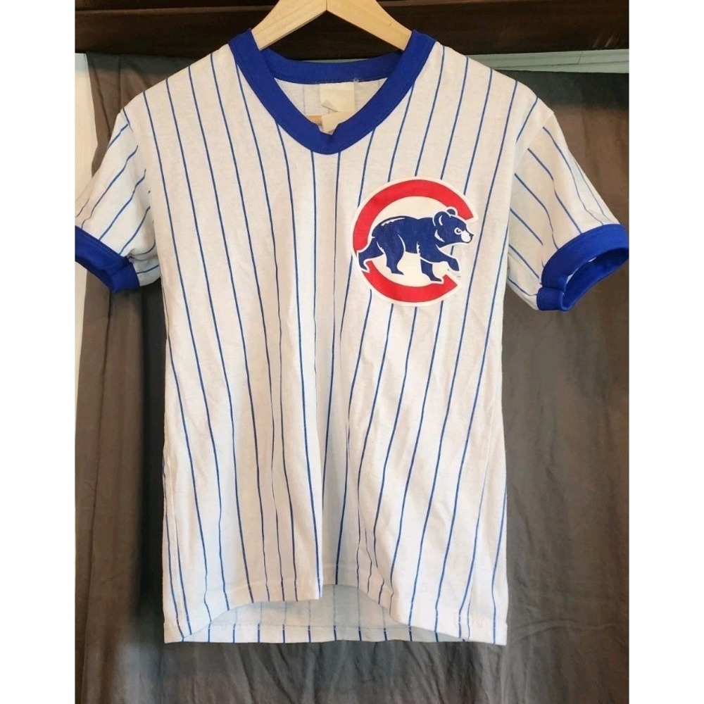 Vintage Men's Chicago Cubs Ringer Pinstripe T-Shirt V Neck Tshirt Baseball Small